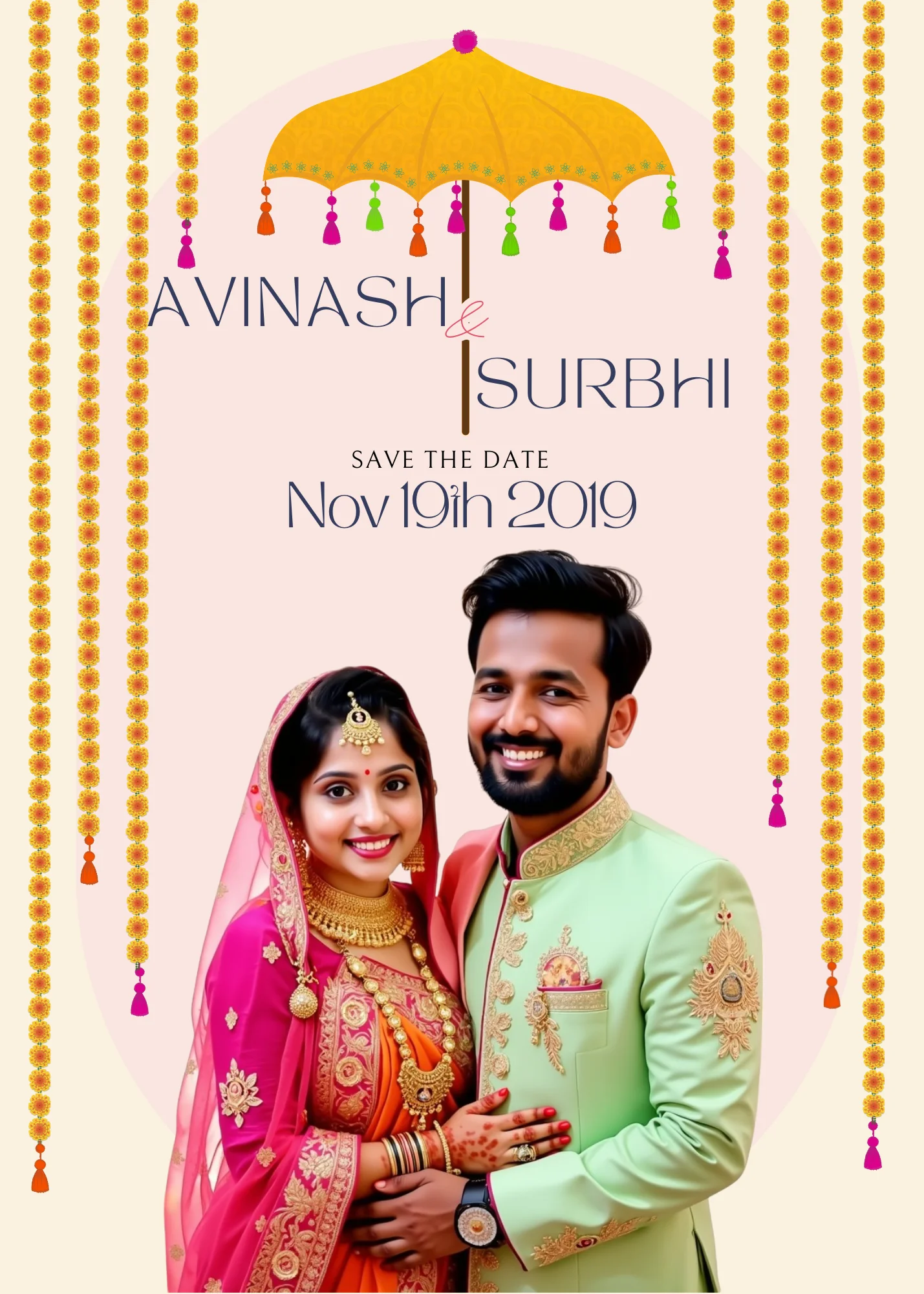 Yellow and pastel wedding invite card with elegant typography
